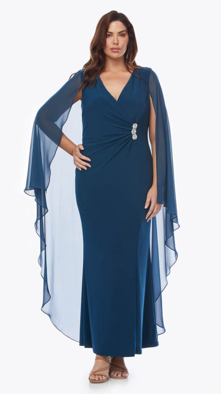 Layla Jones Peacock Long Stretch Jersey Dress With Chiffon Cape & Diamante Trim