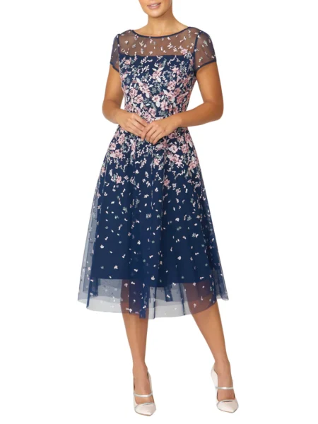 Anthea Crawford Leila Navy & Pink Embroidered A-Line Dress KB18460