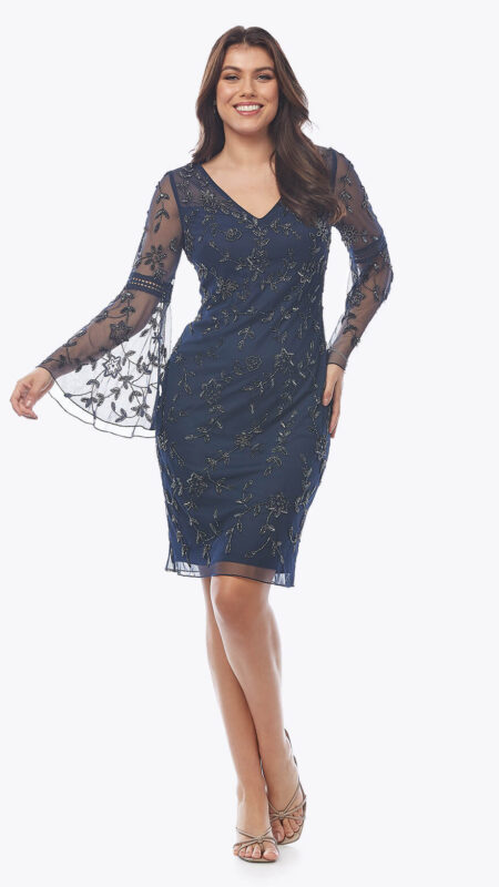 Zaliea Midnight Short Sequin Dress with Fluted Sleeve Z0362
