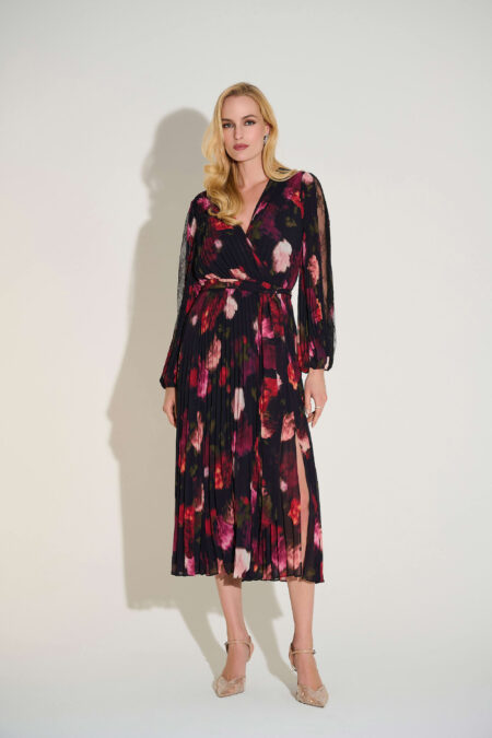 Joseph Ribkoff Signature | Pleated Chiffon Floral Fit & Flare Dress 253774