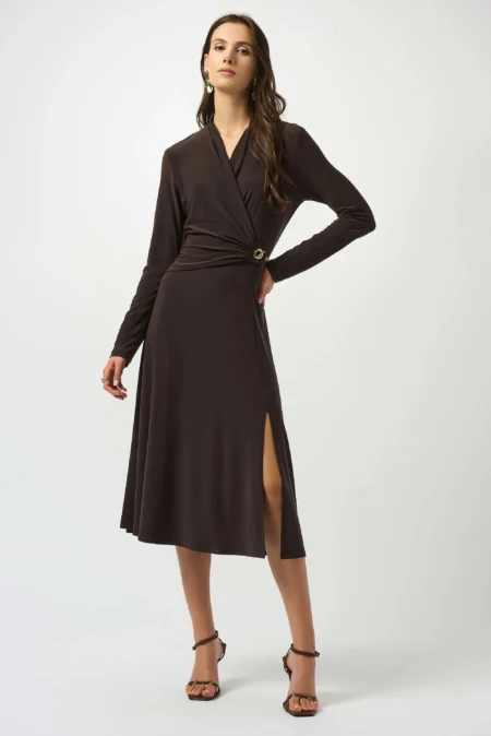 Joseph Ribkoff Mocha Silky Knit Fit and Flare Wrap Dress 253235