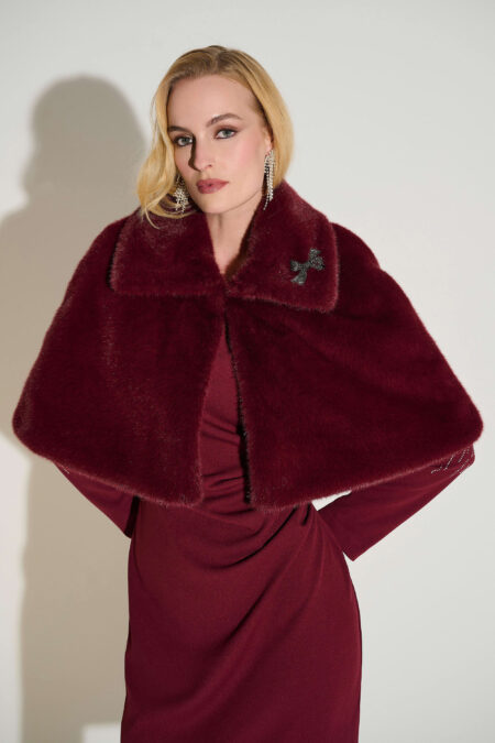Joseph Ribkoff Signature | Merlot Faux Fur Cape with Crystal Brooch 253749