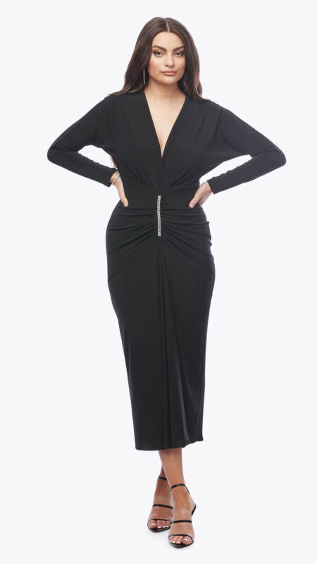 Zaliea Black Long Rouched Stretch Jersey Dress with Diamante Trim Z0397