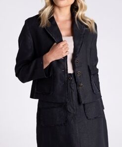Two-T's Black Crop Tweed Linen Jacket with Fringe 3177