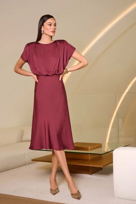Joseph Ribkoff Merlot Recycled Satin Blouson A-Line Dress 254049