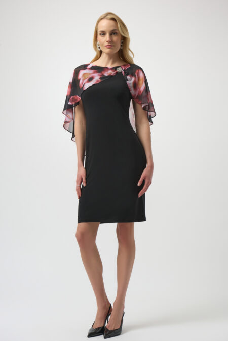 Joseph Ribkoff Black/Multi Recycled Floral Chiffon & Silky Knit Layered Dress 254164