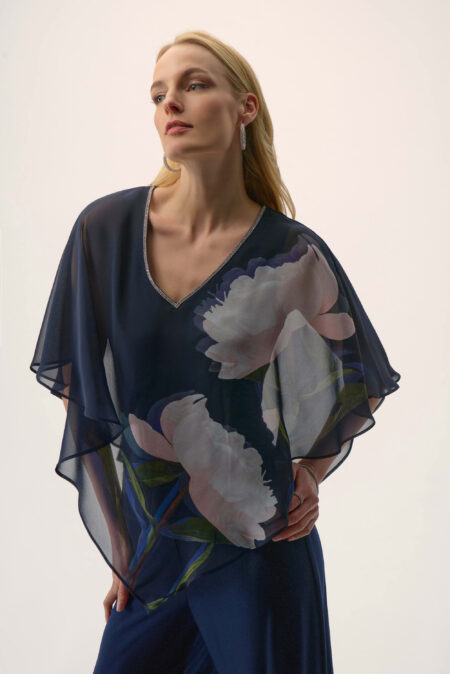 Joseph Ribkoff Signature | Midnight Blue/ Multi Chiffon & Silky Knit Floral Print Poncho Top 254731
