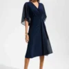 Joseph Ribkoff Signature | Midnight Blue Silky Knit Fit and Flare Dress With Chiffon Draped Sash 261710