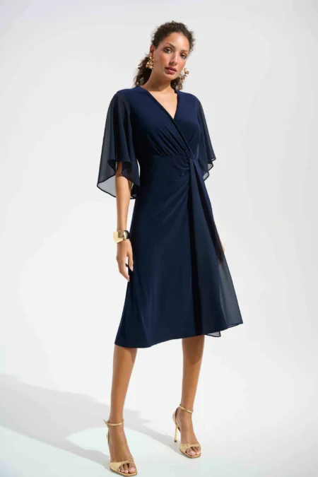Joseph Ribkoff Signature | Midnight Blue Silky Knit Fit and Flare Dress With Chiffon Draped Sash 261710