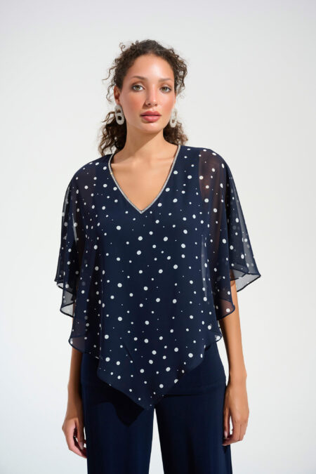 Joseph Ribkoff Signature | Midnight Blue/Vanilla Silky Knit Dot Print Poncho With Rhinestones Trim 261766