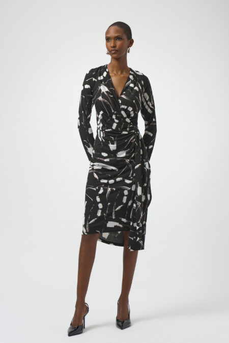 Joseph Ribkoff Black/Multi Foiled Silky Knit Abstract Print Wrap Dress 254190