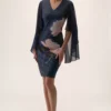 Joseph Ribkoff Signature |Midnight Blue/Multi Silky Knit & Chiffon Floral Placement Sheath Dress 254734