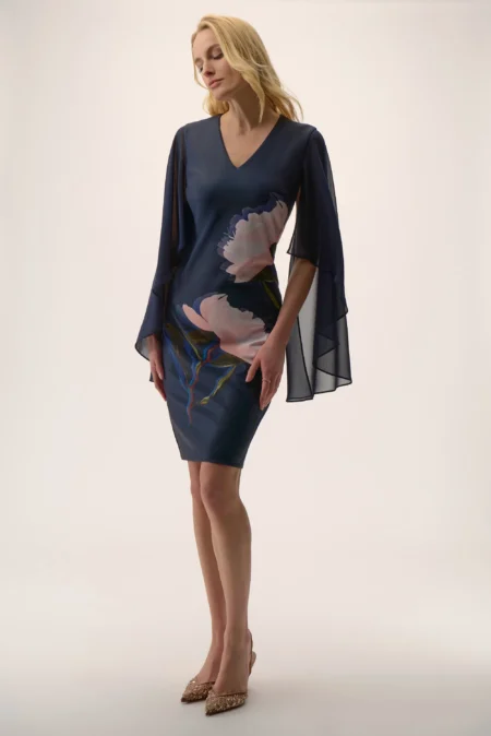 Joseph Ribkoff Signature |Midnight Blue/Multi Silky Knit & Chiffon Floral Placement Sheath Dress 254734