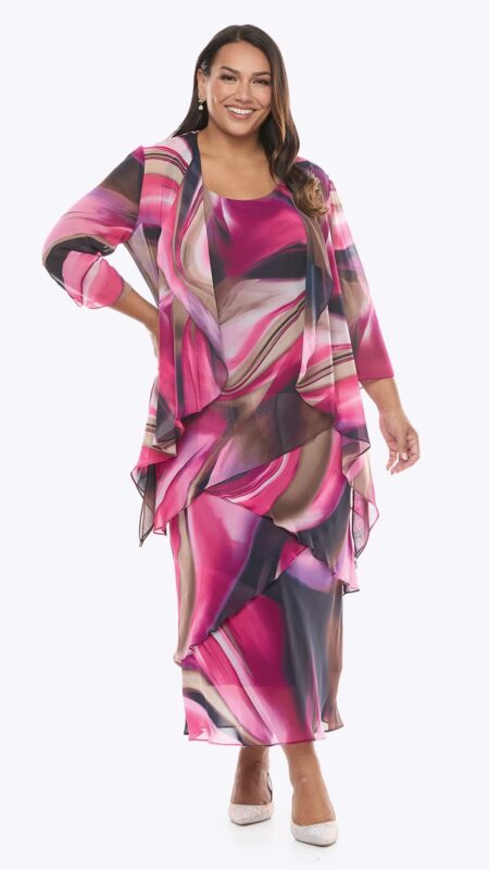 Layla Jones Fuschia Chiffon Print Dress and Jacket LJ0612