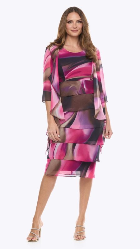 Jesse Harper Pink Print Layered Chiffon Print Dress and Jacket JH0613