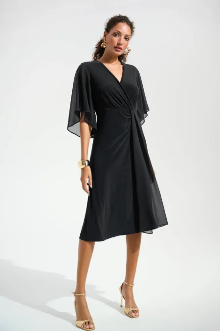 Joseph Ribkoff Signature | Black Silky Knit Fit and Flare Dress With Chiffon Draped Sash 261710