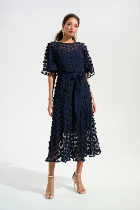 Joseph Ribkoff Signature | Midnight Blue 3D Embroidered Chiffon Fit And Flare Dress With Sash Belt