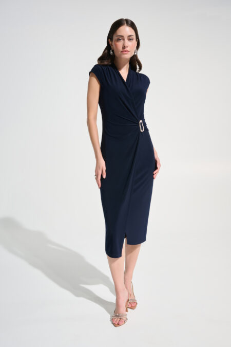 Joseph Ribkoff Signature | Midnight Blue Silky Knit Wrap Sheath Dress With Rhinestone Detail 262715