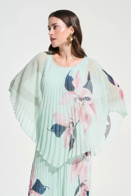 Joseph Ribkoff Signature | Green/Multi Chiffon Floral Print Pleated Poncho Top 262724