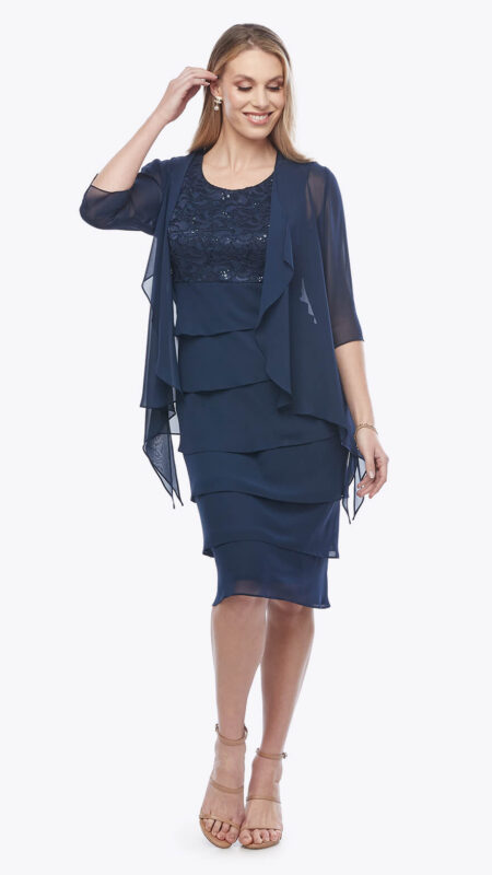 Jesse Harper Midnight Chiffon Layered Dress and Jacket with Stretch Sequin Bodice JH0458