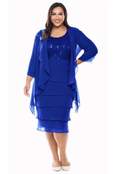 Layla Jones Royal Chiffon Layered Dress and Jacket with Stretch Sequins Bodice LJ0467