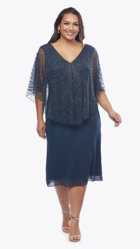 Layla Jones Midnight Short Georgette Dress with Attached Beaded Cape LJ0581