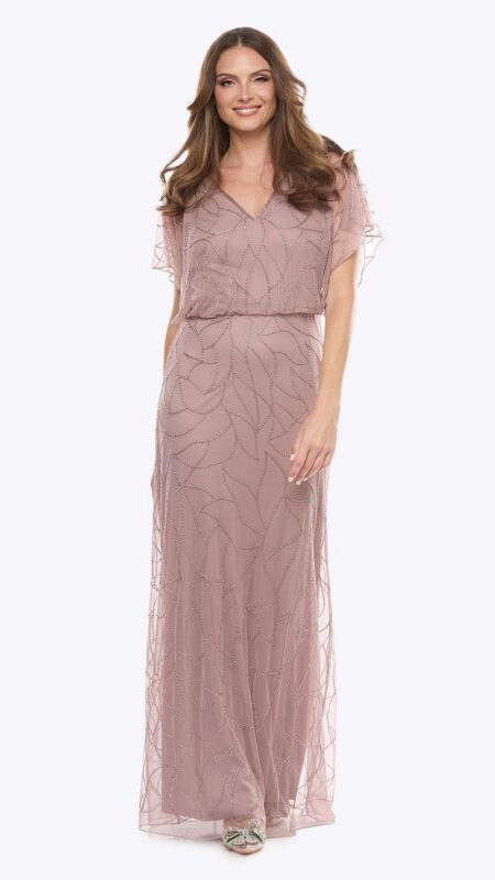 Jesse Harper Tea Rose Long Stretch Mesh Beaded Dress JH0578