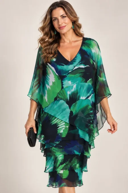 Layla Jones Amelia V-Neck Chiffon Layered Dress with Cape LJ0629