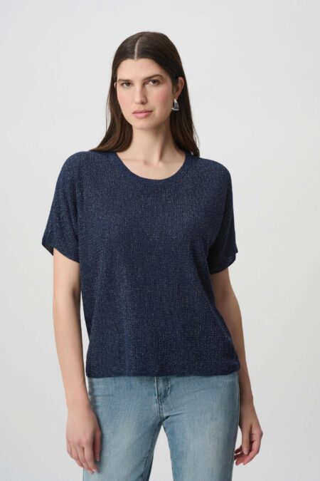 Joseph Ribkoff Indigo Metallic Knitted T-shirt with Rhinestones - 263900CO